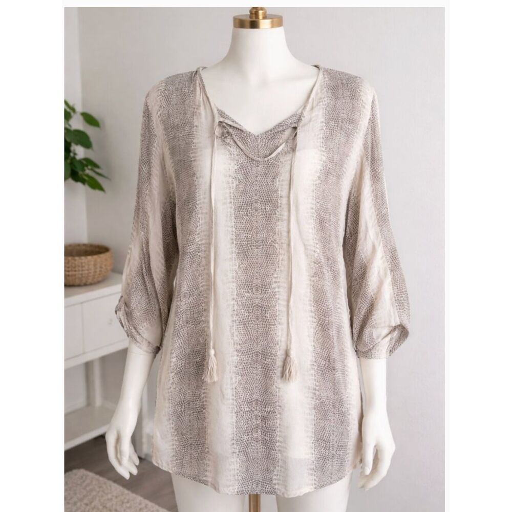 Sara Studio Blouse w/tasseled Tie 3/4 Sleeves Size XL Brown/Tan Print - EUC